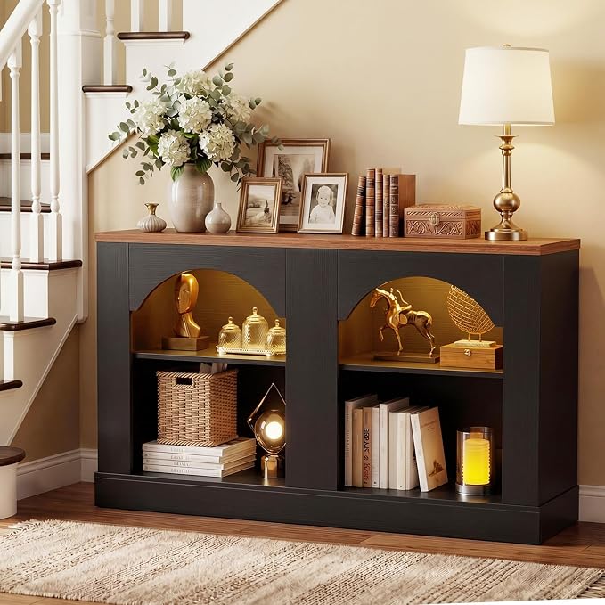 Unikito Arched Entryway Table with LED Lights, 47" Farmhouse Console Table with Adjustable Shelves, Sofa Table Behind Couch, Sideboard Buffet Storage Cabinet for Entrance/Hallway/Living Room