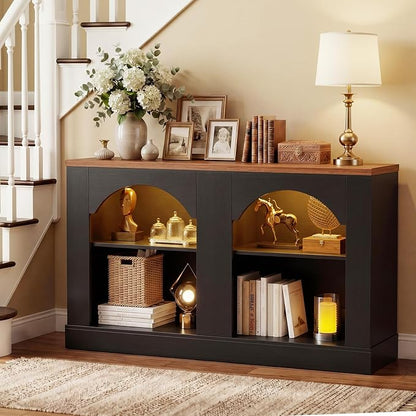 Unikito Arched Entryway Table with LED Lights, 47" Farmhouse Console Table with Adjustable Shelves, Sofa Table Behind Couch, Sideboard Buffet Storage Cabinet for Entrance/Hallway/Living Room