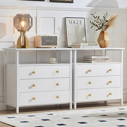Edbuosy 3 Wooden Drawers Night Stand, 27 Inch Wide Nightstand Set 2 with Charging Station and Adjustable Drawers, Small Dresser for Closet, Bedside Table for Living Room/Bedroom/Office, White