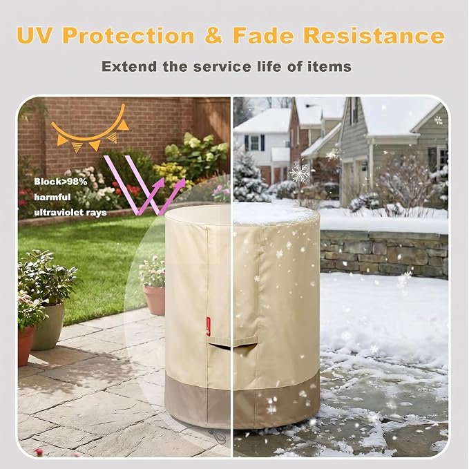 SheeChung Fire Pit Cover Round 24" D x 27" H,Waterproof 600D Material,Beige | PVC Inner Coating,Heavy Duty Outdoor Firepit Cover,Tear & Fade Resistant,Fit 20"-24"Tall Firepit Table,Adjustable Draw-string