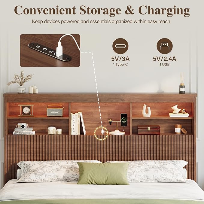 Queen Size Bed Frame and Tall Headboard & Storage, Metal Platform Bed Frame with 4 Storage Drawers, Queen Bed Frame with LED Lights & Charging Ports, No Box Spring Needed, Noise-Free, Brown