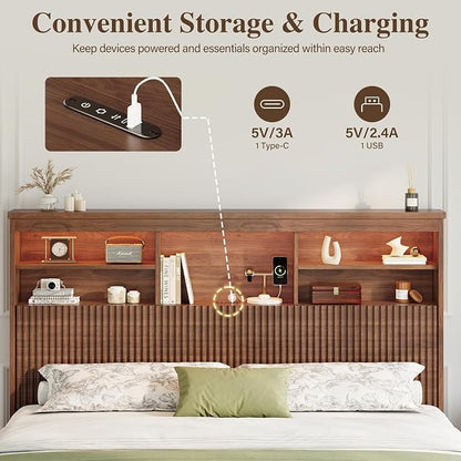 Queen Size Bed Frame and Tall Headboard & Storage, Metal Platform Bed Frame with 4 Storage Drawers, Queen Bed Frame with LED Lights & Charging Ports, No Box Spring Needed, Noise-Free, Brown