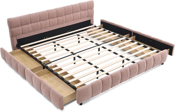 KEIKI King Thick Chenille Bed Frame with 4 Storage Drawer & Upholstered Tufted Headboard, Modern Solid Wood Floor Platform for Bedroom, No Box Spring Needed