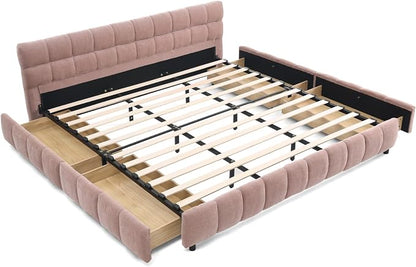 KEIKI King Thick Chenille Bed Frame with 4 Storage Drawer & Upholstered Tufted Headboard, Modern Solid Wood Floor Platform for Bedroom, No Box Spring Needed