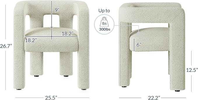 BELLEZE Modern Boucle Barrel Dining Chair Set of 6, Upholstered Linen Kitchen Boucle Armchair with Sidearms and Back, for Dining Room Living Room- Cream