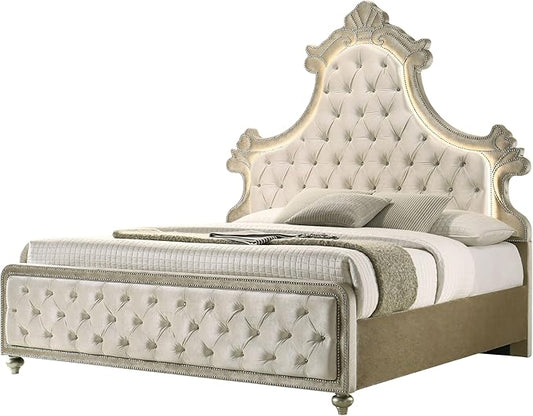 Acme Lucienne Velvet Upholstered Eastern King Bed with LED in Beige