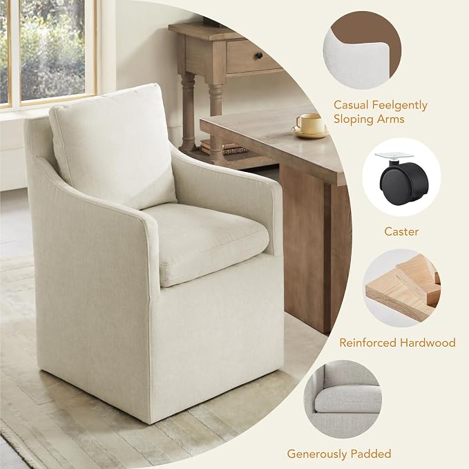KISLOT Upholstered Dining Chairs with Casters, No Assembly Modern Accent Armchair with Rollers for Dining Room, Bedroom, Living Room, Reading Room, Already Assembled, Beige, 4 Box