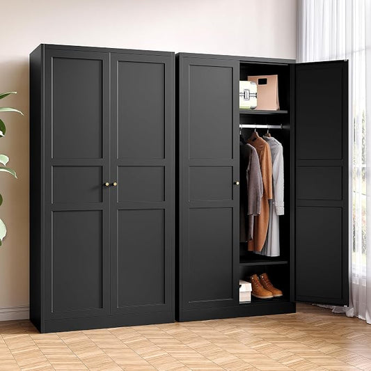 BYNSOE Metal Armoire Wardrobe Closet with 2 Doors 72'' Wardrobe Cabinet with Hanging Rail Metal Closet with Adjustable Shelves for Bedroom Require Assembly (Black, 72inch)