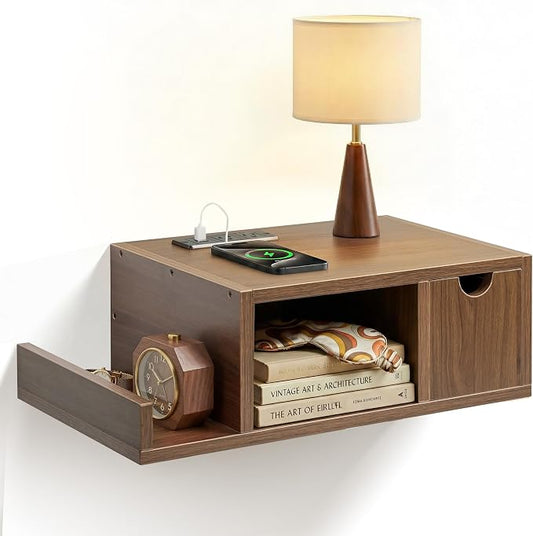 Afuly Floating Nightstand with Charging Station Wall Mounted Night Stand with Drawer Walnut Bed Side Table Wood Bedside Table Shelf Narrow Hanging Modern End Table Nightstands for Bedroom Decor