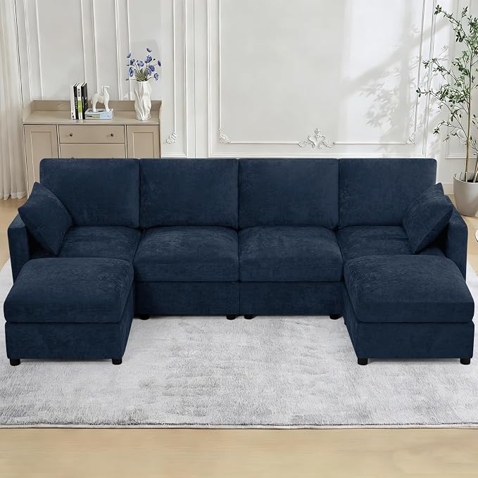110” Chenille 4-Seats Sofa W/Two Movable Ottomans, Blue | Modern Fabric U-Shaped Couch w/Soft Backrests, Upholstered Sectional Sofa w/Arm Pillows for Living Room, Office