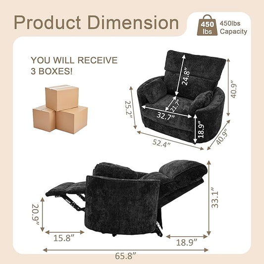 450lbs Oversized Power Recliner Chair, 53" Extra Wide Electric Recliner for Big and Tall Adults, Single Sofa with USB & Type-C Ports, Pillows, Chair for Living Room, Bedroom, Office (Black)