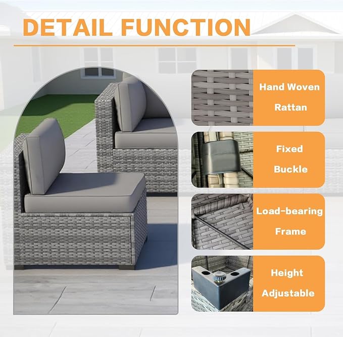 MOCHITO 5 Pieces Outdoor Patio Furniture Sets, All-Weather Sectional Sofa Grey PE Rattan Wicker Conversation Set with Glass Table and Washable Grey Cushions for Backyard,Sunroom,Garden,Porch