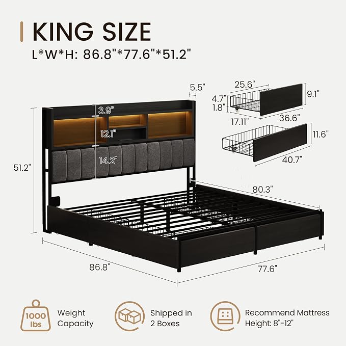BRELTAM King Bed Frame with 6 Storage Drawers, Linen Upholstered Headboard, Built-in USB Charging Station & LED Lighting, Silent Metal Support, No Box Spring Needed, Vintage Black