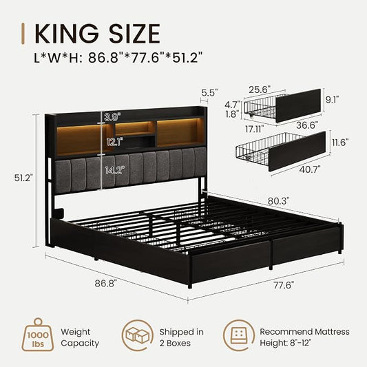BRELTAM King Bed Frame with 6 Storage Drawers, Linen Upholstered Headboard, Built-in USB Charging Station & LED Lighting, Silent Metal Support, No Box Spring Needed, Vintage Black