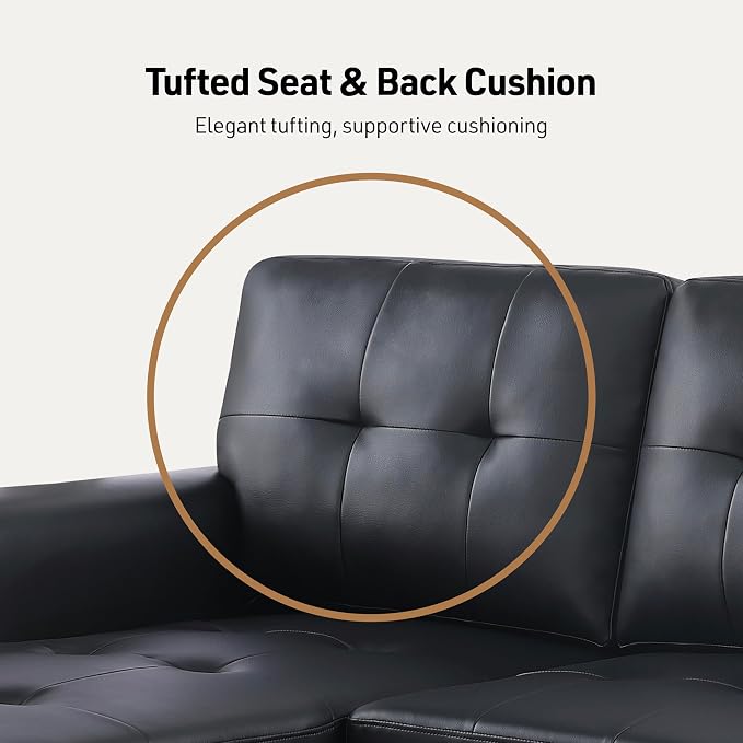 Lilola Home Lucca 84" Reversible Sleeper Sectional Sofa with Pull-Out Bed & Storage Chaise, Black Vegan Leather, Tufted Back, Modern Compact Couch for Living Room, Easy Assembly