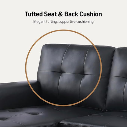 Lilola Home Lucca 84" Reversible Sleeper Sectional Sofa with Pull-Out Bed & Storage Chaise, Black Vegan Leather, Tufted Back, Modern Compact Couch for Living Room, Easy Assembly