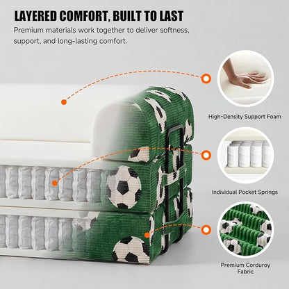 79" World Cup Soccer Sofa Bed, Green Soccer Ball Corduroy Convertible Couch, Foldable Sleeper Futon Floor Sofa for Game Day Watch Parties, Removable Machine-Washable Cover, 2 Pillows