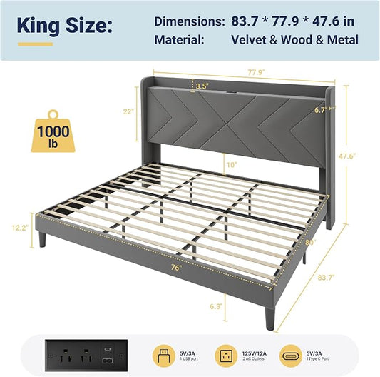 Allewie King Size Platform Bed Frame with USB Charging Station and Storage Shelf/Upholstered Velvet Wingback Headboard/Wooden Slats Support/No Box Spring Needed/Easy Assembly, Grey