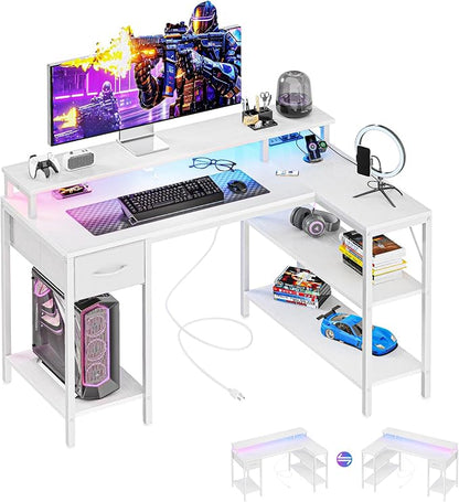 DUMOS 47" Gaming Desk with USB Charging Ports & LED Lights, Reversible L-Shaped Corner Computer Table for Small Spaces, Power Outlets, Monitor Stand & Storage Shelves Included, White