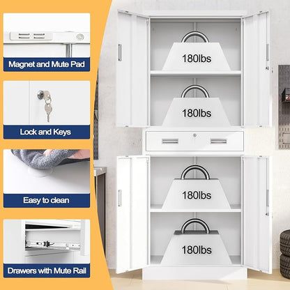 Wanfu Metal Storage Cabinet, 71" H x 28" W x 16" D Locking Storage Cabinet with 2 Adjustable Shelves and 1 Drawer for Office, Garage, Home, School, Utility(White)