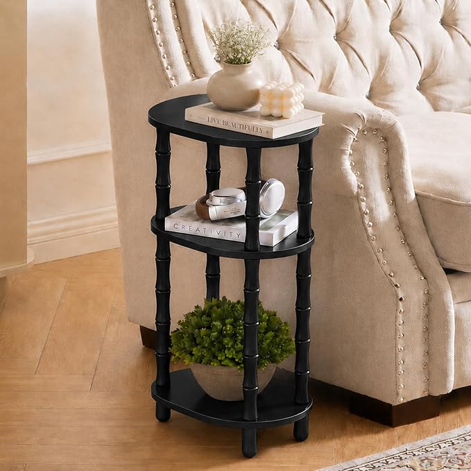 Narrow Side Table with Storage, 3-Tier End Table Skinny Nightstand for Bedroom, Living Room Small Space, Black