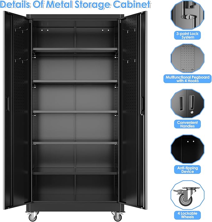 Aobabo Black Metal Garage Storage Cabinet with Wheels, 34"W x 18"D x 71"H | 5 adjustable shelves hold up to 170 lb each; 4 lockable casters and lockable doors organize tools and supplies.