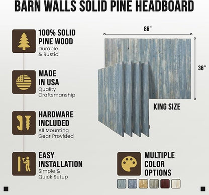 Barn Walls Solid Wood Headboard King Size, Blue Powderwash Finish with Smooth Natural Wood Grain, Handcrafted Wall-Mounted Panel Head Board, Adjustable Height, Modern Farmhouse Bedroom, Built to Last