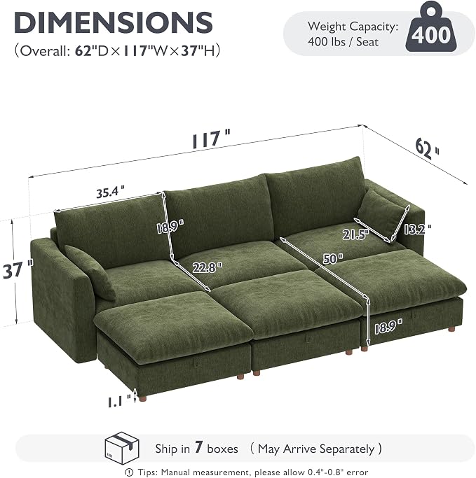 Ihanherry 117" Oversized Modular Sectional Sofa, Modern Cloud Couch with 3 Storage Ottoman, 6-Seat Comfy Chenille Deep Seat Sofa with 2 Pillows for Living Room, Green