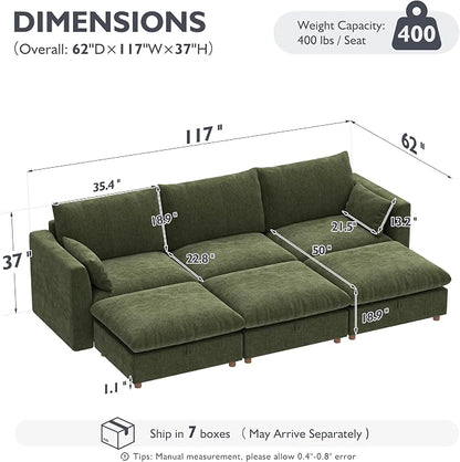 Ihanherry 117" Oversized Modular Sectional Sofa, Modern Cloud Couch with 3 Storage Ottoman, 6-Seat Comfy Chenille Deep Seat Sofa with 2 Pillows for Living Room, Green