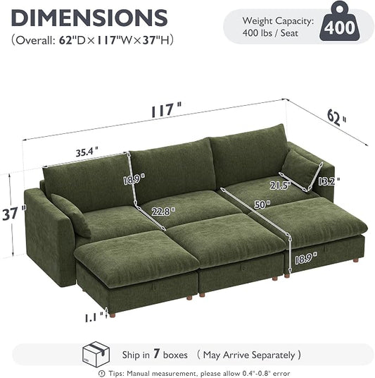 Ihanherry 117" Oversized Modular Sectional Sofa, Modern Cloud Couch with 3 Storage Ottoman, 6-Seat Comfy Chenille Deep Seat Sofa with 2 Pillows for Living Room, Green