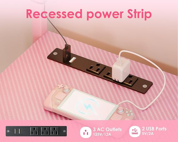 MOTPK 51” Large L Shaped Gaming Desk, Corner Computer Table with Shelf & Hutch, 4 Drawers, Reversible Study Desk with LED Light, Power Outlets & USB Ports, Home Office Table, Carbon Fiber Pink