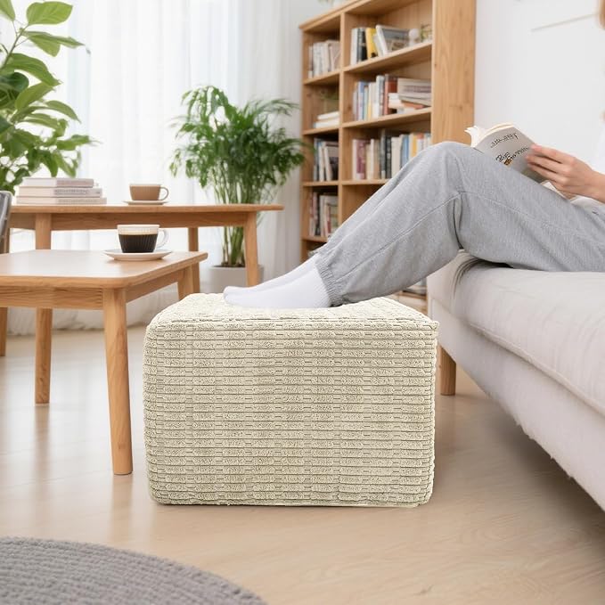 Asuprui Round Square Pouf Ottoman Foot Rest – Lightweight Modern Footstool with Plush Foam Filling, Perfect for Living Room Decor & Cozy Comfort – 20x20x14 Inch Chic Accent Piece (Cream)
