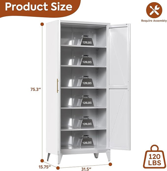 75.3" Tall Kitchen Pantry Storage Cabinet with 5 Adjustable Shelves, Metal Panty Cabinet with Doors, X-Shaped Embossed Panels, Heavy Duty Steel Storage Organizer for Home, Required Assembly