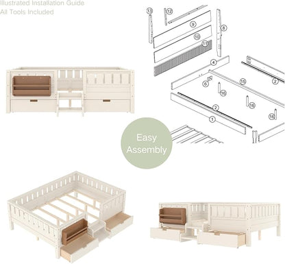 Full Platform Bed with Storage Drawers and Bookshelves, Kids Platform Bed Frame with Low-profile Stairs and Full-length Guardrails, Full Bed Frame for Kids, Boys, Girls, No Box Spring Needed, Beige