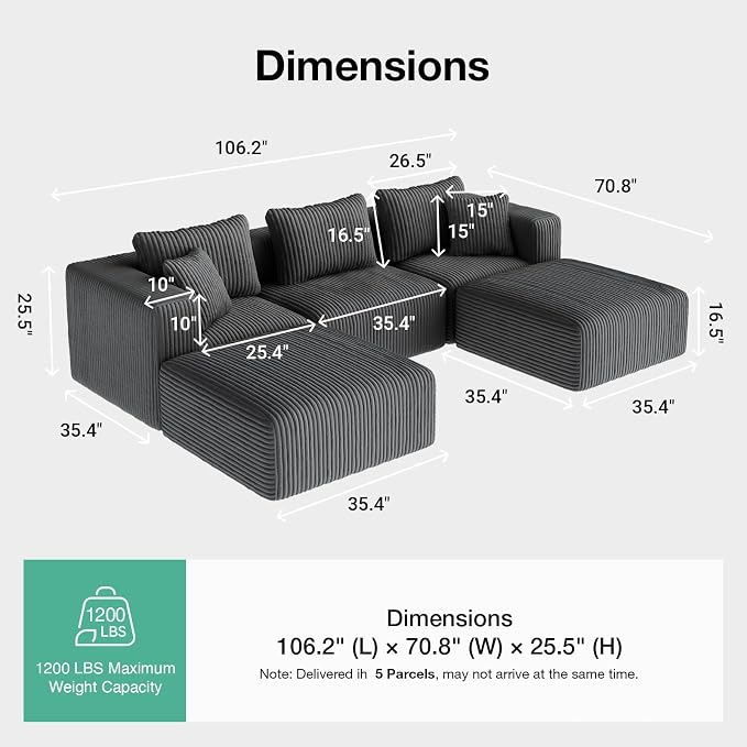 Novilla 106" Modular Sectional Sofa, Modern Cloud Sectional Couch with Smarts Coil® Support, U-Shape Boneless Couch for Living Room Apartments, No Assembly Required, Dark Gray (3 Seat w/ 2 Ottoman)