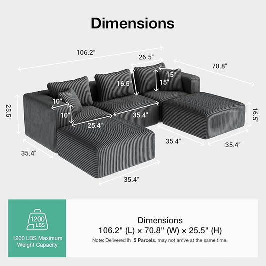 Novilla 106" Modular Sectional Sofa, Modern Cloud Sectional Couch with Smarts Coil® Support, U-Shape Boneless Couch for Living Room Apartments, No Assembly Required, Dark Gray (3 Seat w/ 2 Ottoman)