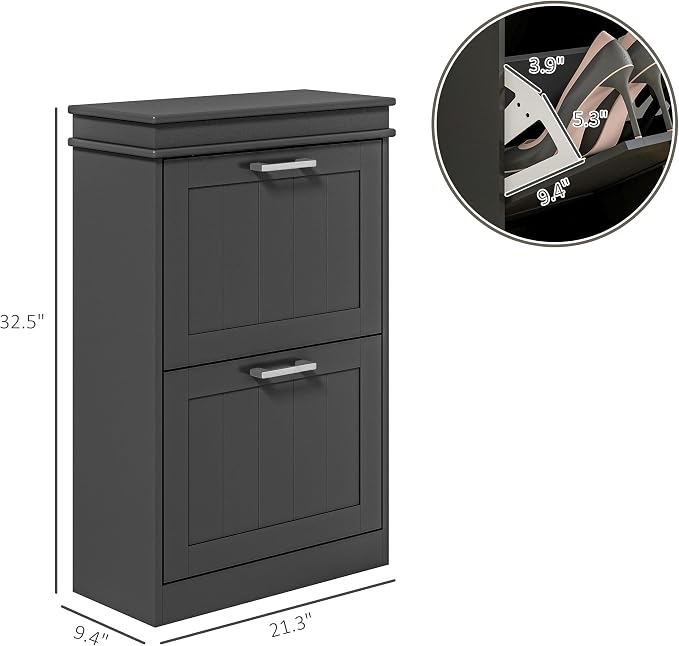 HOMCOM Narrow Shoe Cabinet with 2 Flip Drawers, Modern Freestanding Shoe Storage Cabinet with Adjustable Shelves for Entryway, Hallway, Black