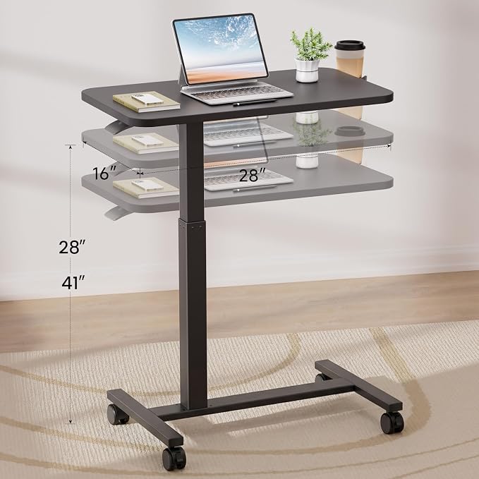 GTPLAYER Small Standing Desk with Lockable Wheels, Pneumatic Mobile Rolling Laptop Desk,Adjustable Height Overbed Bedside Table Computer Workstation for Home Office (28" W x 16" D, Black)
