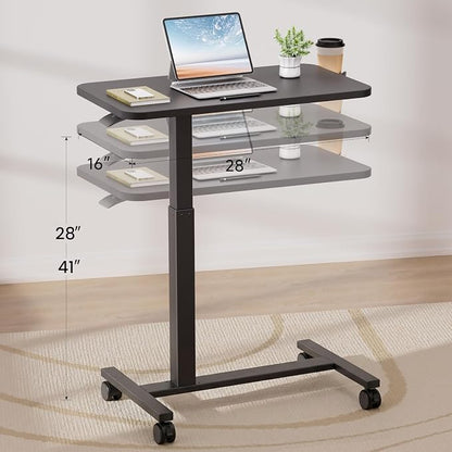 GTPLAYER Small Standing Desk with Lockable Wheels, Pneumatic Mobile Rolling Laptop Desk,Adjustable Height Overbed Bedside Table Computer Workstation for Home Office (28" W x 16" D, Black)