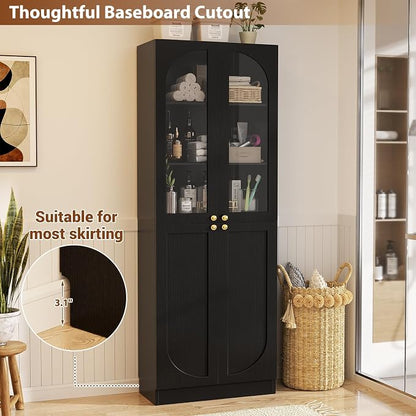 Cyclysio 80" Kitchen Pantry, Tall Arch Storage Cabinet with Tempered Glass & Soft Close Doors, Freestanding Wood Floor Cupboard Bookcase with Seamless Fit Wall for Dining Room, Living Room, Bathroom