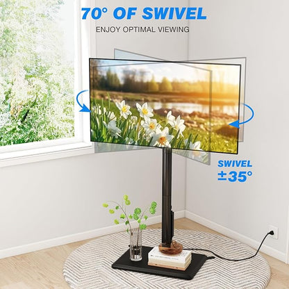 Rfiver Swivel Floor TV Stand with Power Outlet for 32-65 inch TVs, Height Adjustable Tall TV Stand with Wood Base, Hold Up to 88lbs, Saving Space Design for Bedroom, Living Room and Corner