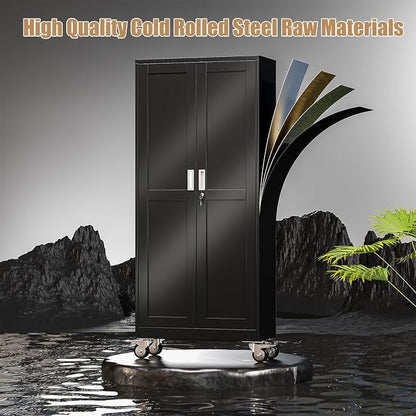 47" H Metal Pantry Storage Cabinet with Wheels,Rolling Kitchen Pantry Cabinet with 2 Doors and 3 Adjustable Shelves, Locker Steel Cabinet,Organization Cabinet for Garage,Home,Gym,School,Black