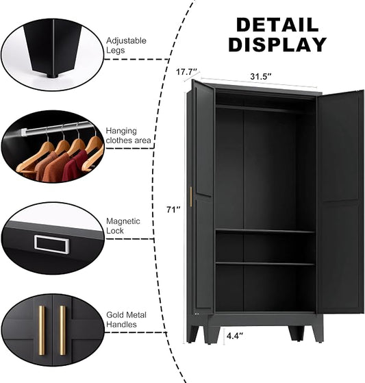 71" H Black Closet,Armoire Wardrobe Closet,Metal Wardrobe Closet with Doors and Shelves,Large Wardrobe Closet for Bedroom