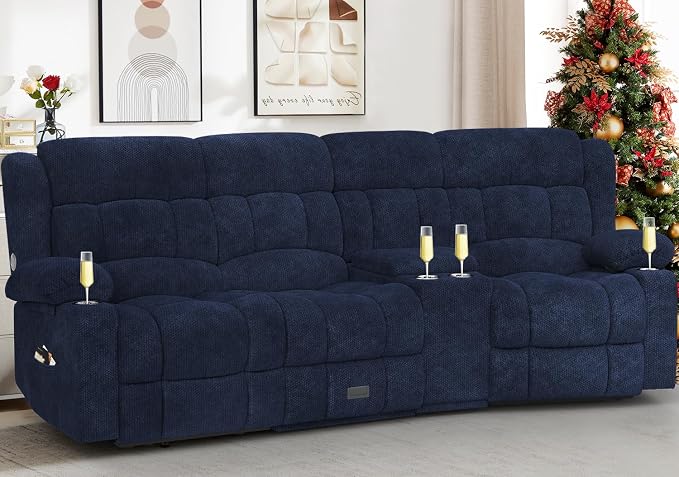 Dresegmt Recliner Sofa with Storage Console, Flip Middle Backrest Design 3-Seater Reclining Sofa with Storage Drawer, USB Ports & Cup Holders, Manual Couch for Living Room (Blue, 3 Seater + Console)