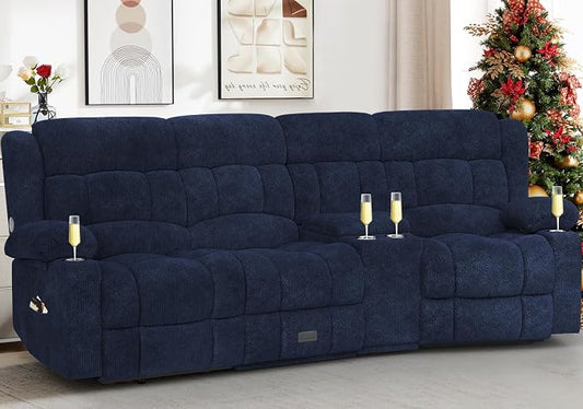 Dresegmt Recliner Sofa with Storage Console, Flip Middle Backrest Design 3-Seater Reclining Sofa with Storage Drawer, USB Ports & Cup Holders, Manual Couch for Living Room (Blue, 3 Seater + Console)