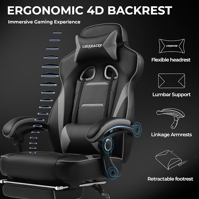 GTPLAYER Gaming Chair with Footrest, Big and Tall Game Chair 350lb Racing Style Computer Chair, Ergonomic Executive Office Chair High Back with Lumbar Support and Recliner, Light Gray