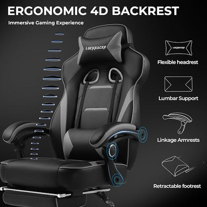 GTPLAYER Gaming Chair with Footrest, Big and Tall Game Chair 350lb Racing Style Computer Chair, Ergonomic Executive Office Chair High Back with Lumbar Support and Recliner, Light Gray