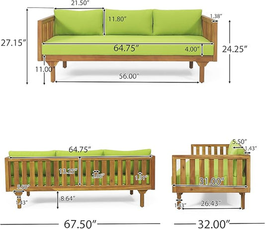 Merax Outdoor Acacia Wood Conversation Set, 3-Seat Loveseat Sofa w/Coushion and Round Coffee Table for Backyard, Patio Furniture,Teak+Green