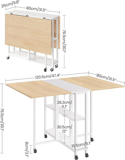 CHOEZON Folding Dining Table, Movable Dining Table, Kitchen Table for Small Space, Foldable and Expandable Desk Furniture with 6 Wheels, for Dining, Living Room, Apartment, White and Natural TCZ01WN
