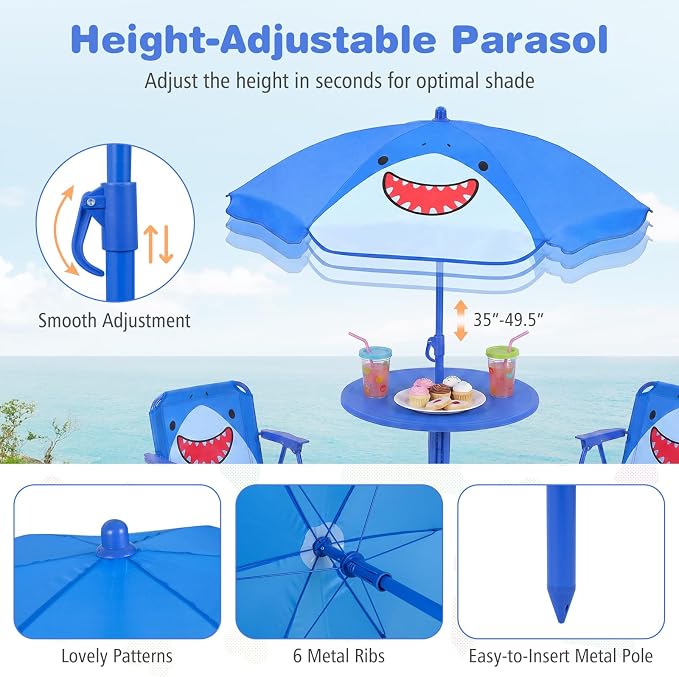 Costzon Kids Picnic Table, Kids Outdoor Table with 2 Folding Chairs, Height Adjustable Umbrella, Portable Children Outdoor Furniture for Patio, Garden, Backyard (Blue Shark)